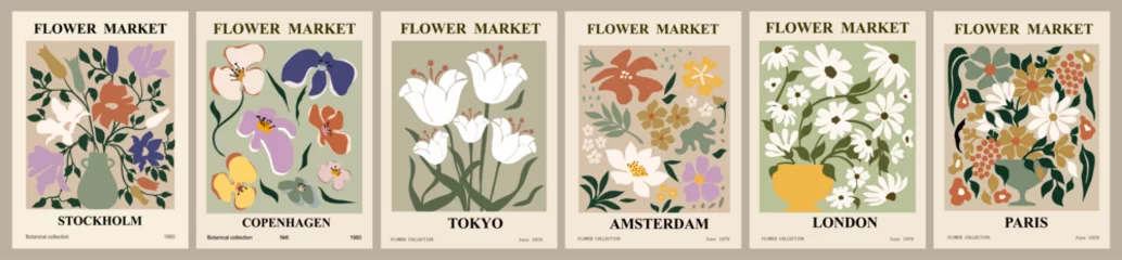 Fotobehang Set of abstract Flower Market posters. Trendy botanical wall arts with floral design in earth tone sage green colors. Modern naive groovy funky interior decorations, paintings. Vector art illustration © Creative_Juice_Art