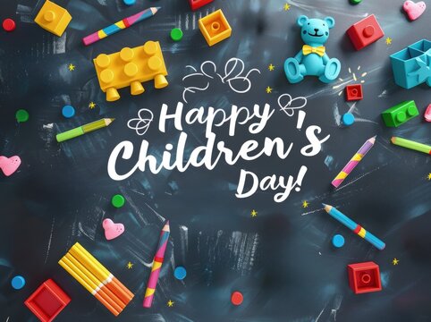 Chalkboard background written Happy Children's Day with lego blocks and toys.