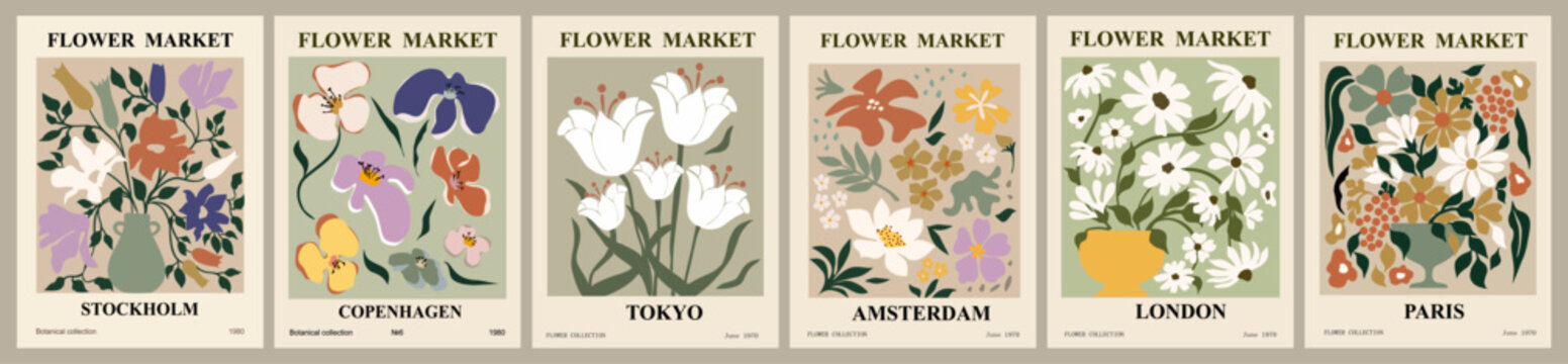 Set of abstract Flower Market posters. Trendy botanical wall arts with floral design in earth tone sage green colors. Modern naive groovy funky interior decorations, paintings. Vector art illustration