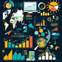 A dynamic set of icons featuring various data visualization tools with a global perspective, suitable for international market analysis.