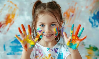 A cute little girl with her hands painted with colorful paint, concept of fun, children's day.