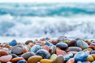 rings atop a pile of colorful beach pebbles, soft waves beyond - Powered by Adobe