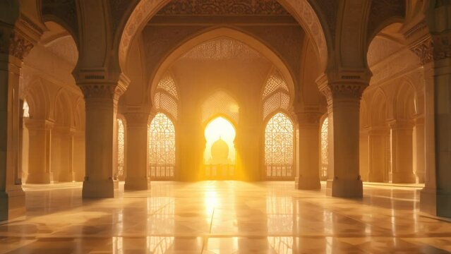 Golden Hour Serenity: Mosque Sunset Panorama. Generative ai