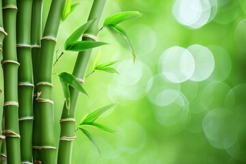 Green bamboo background with bokeh defocused lights and copy space