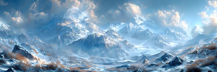Ice Fields and Rocks of the High Mountain Glacie,
Fantastic winter epic landscape of mountains frozen nature