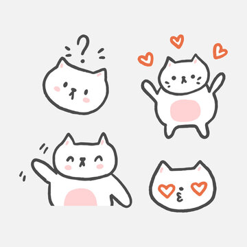 4 hand drawn ink kitten line emoticons