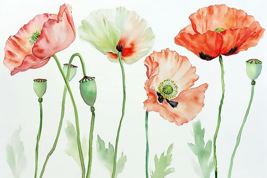 Poppies painted in watercolor on a white background, illustration