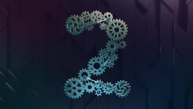 Digit 2 made of industrial metallic and slightly rusted cogwheels of various design and size are driven by hydraulic pistons. 4K Animation on Alpha. 1 of 10 digits of the same design.