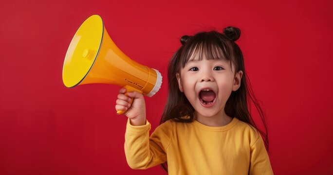 Asian child holding a megaphone and shouting, concept of children's day, communication.