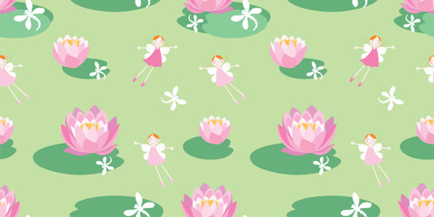 Elves girls cartoon cheerful funny, flying dragonflies on green blooming pond, pink water lilies, seamless pattern, vector background,wallpaper,paper - 763981629