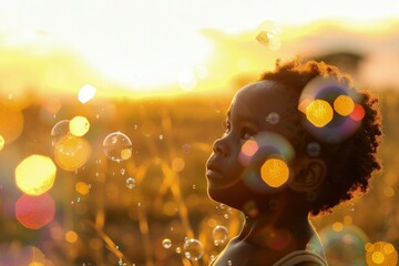 Black child playing with soap bubbles in the field, sunset in the background, concept of fun and children's day.