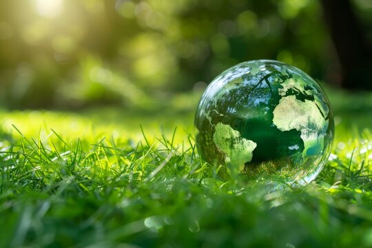 Green glass globe on grass, planet Earth, sustainable design, environment inspired image