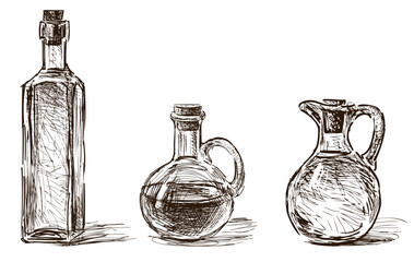 Oil bottles, kitchen, healthy foods,  glass,transparent, different shapes,sketch, cooking, vector, hand drawing, isolated on white