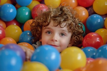 Fototapeta na wymiar Child playing in a children's ball pit, concept of children's day and fun.