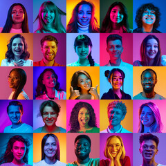Collage made of portraits of positive people of different age, gender and nationality on multicolored background in neon light. Concept of human emotions, diversity, youth, happiness - 763981850