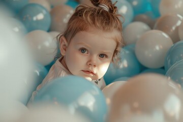 Child playing in a children's ball pit, concept of children's day and fun.