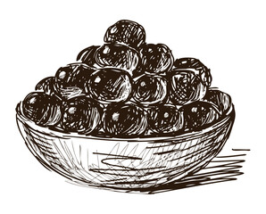 Olives ripe berries in bowl, fresh raw food, vector, hand drawing isolated on white - 763981869