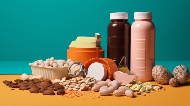 A neatly arranged collection of nutritional supplements, powders, and healthy snacks showcasing a lifestyle focused on fitness and well-being.