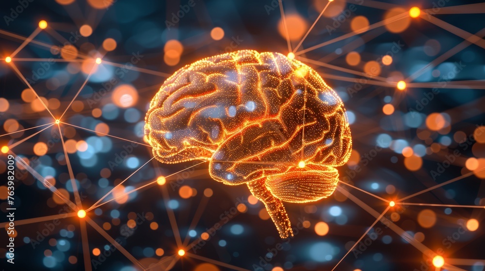 Poster detailed close up of human brain with active neurons and neural extensions in action