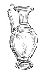 Vase vintage graceful glass transparent, sketch, doodle black and white illustration, hand drawn, isolated on white - 763982062