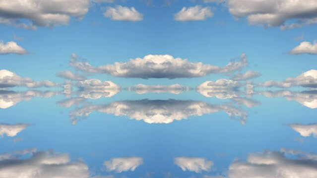 Creative 4k time lapse video of moving clouds with reflection and mirror effect as in a kaleidoscope. Beautiful mirrored pattern of fast moving clouds in a blue sky.