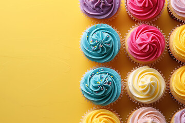 Banner with colorful cupcakes on isolated yellow background, top view