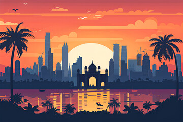 Mumbai city skyline on the background. Sunset landscape. Gradient flat illustration.