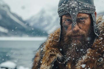 Viking warrior, lake and frozen mountains in the background. - obrazy, fototapety, plakaty