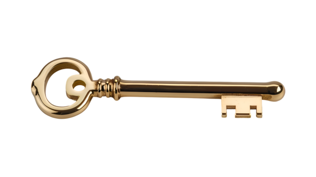 golden key isolated on transparent background, PNG Cutout