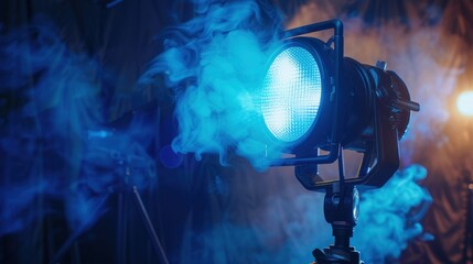 Cinema spotlight with smoke blue neon light, professional cinema light, cinema and entertainment concept. - obrazy, fototapety, plakaty