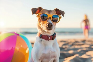 Dog with sunglasses on the beach with colorful ball, summer concept.