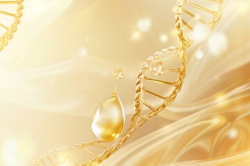 A gold and white background with a DNA strand and a drop of water