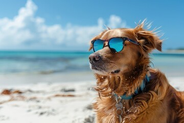 Obraz premium Dog with sunglasses on the beach, summer concept.