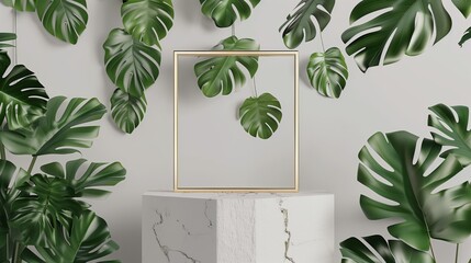 A white pedestal with a gold frame and a green plant in front of it