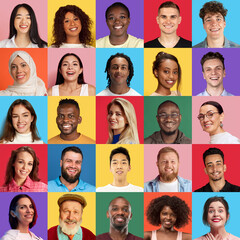 Collage made of portraits of positive people of different age, gender and nationality on multicolored background. Concept of human emotions, diversity, youth, happiness - 763983262