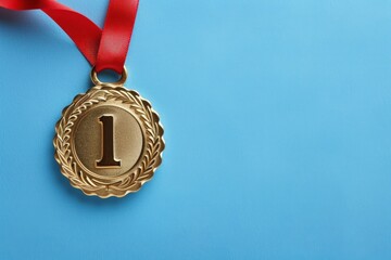 Gold medal with number 1, competition, success and achievement concept, blue background.