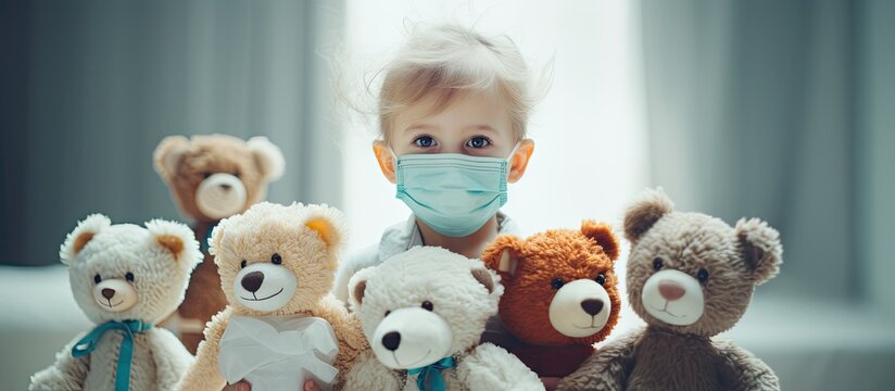 An image featuring a small female child wearing a protective mask, holding a collection of stuffed teddy bears