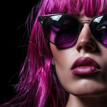 a woman with pink hair and sunglasses