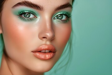 Fototapeta premium Makeup for a woman in Pale Mint color colors centered professional photo copy space. Concept Makeup, Pale Mint Colors, Professional Photo, Copy Space