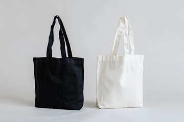 Two tote bags mockup. One white and one black isolated on a grey background.