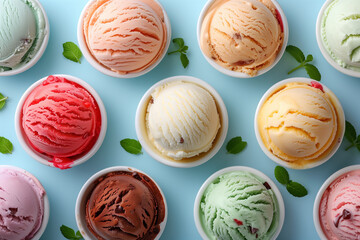 Large assortment of italian ice cream on isolated pastel blue background, top view 