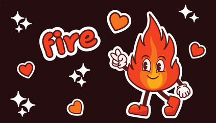Fire character, funny vector character, stickers
in groovy style, vector illustration