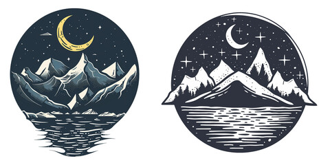 set of two logos for t-shirt design flat lay 2d mountains and river and the moon, on transparent background monochrome illustration
 - obrazy, fototapety, plakaty