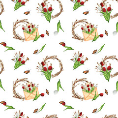 Hand-drawn watercolor illustration. Seamless pattern with floral wreaths, red and white tulips, pussy-willow branches and bouquets in vintage envelopes