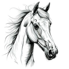 one high quality black line drawing of horse, doodle, sketch, hyper realistic, black design, white background