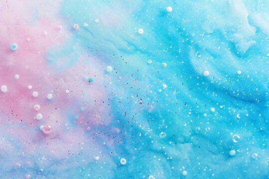 Abstract blue and pink watercolor background with bubbles and splashes