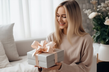 Fototapeta na wymiar Delighted Young Lady Holding a Present with a Peach Bow in a Cozy Room