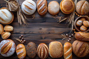 Different types of bread and wheat ears on wooden table background, flat lay, a view from the top, banner concept