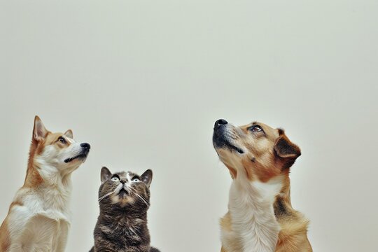Three dogs and cat looking at each other on a white background