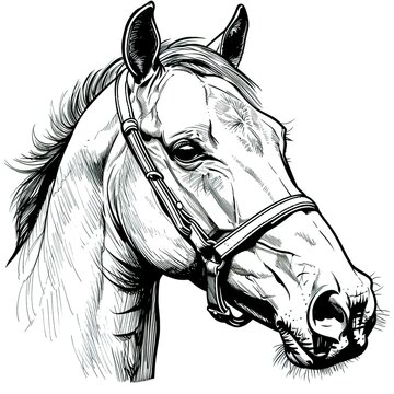 one high quality black line drawing of horse, doodle, sketch, hyper realistic, black design, white background